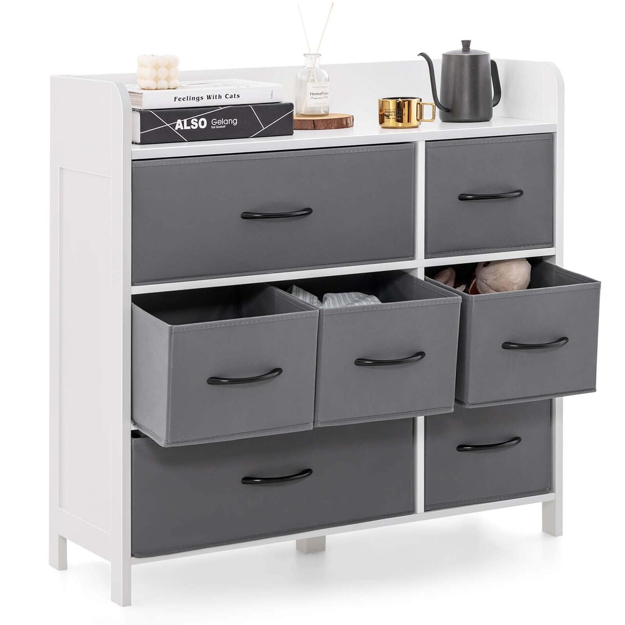 Costway 5/7-Drawer Dresser for Bedroom Chest of Drawers with 2 Large Fabric Bins White